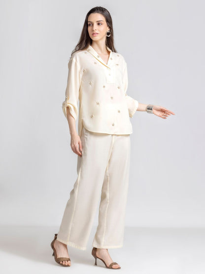 Ivory Shawl Collar Embroidered Casual Co-Ord Set For Women