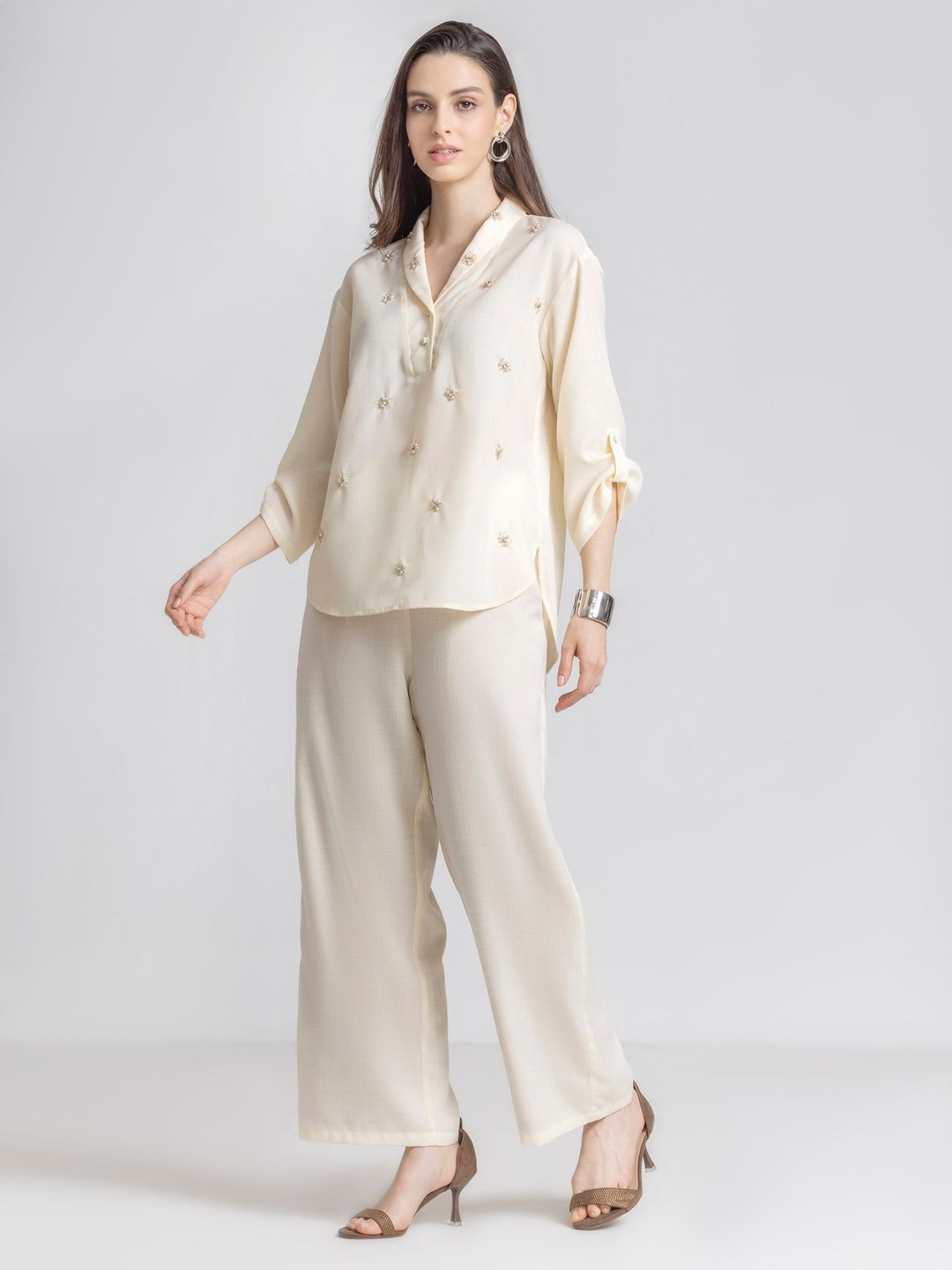 Ivory Shawl Collar Embroidered Casual Co-Ord Set For Women