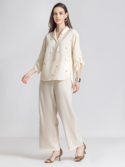 Ivory Shawl Collar Embroidered Casual Co-Ord Set For Women