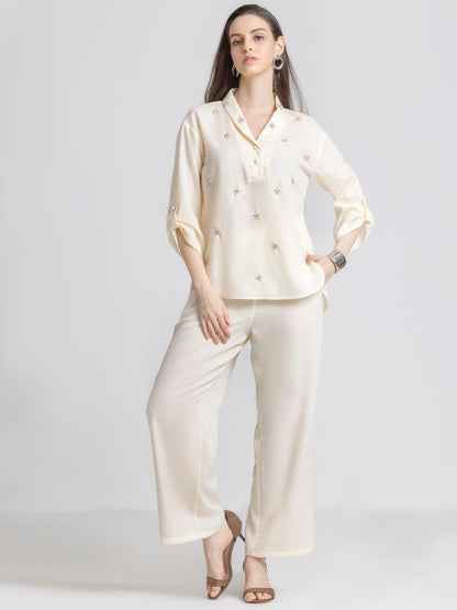 Ivory Shawl Collar Embroidered Casual Co-Ord Set For Women