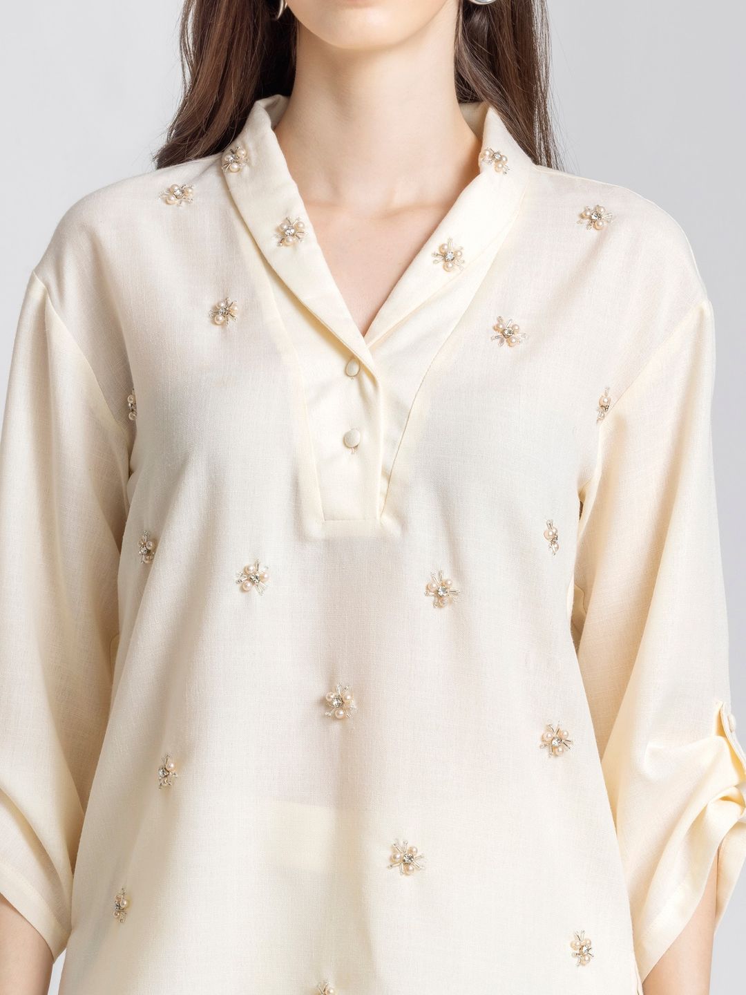 Ivory Shawl Collar Embroidered Casual Co-Ord Set For Women