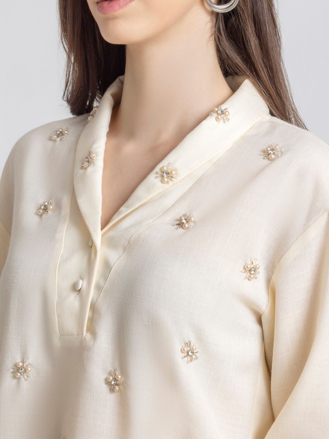 Ivory Shawl Collar Embroidered Casual Co-Ord Set For Women