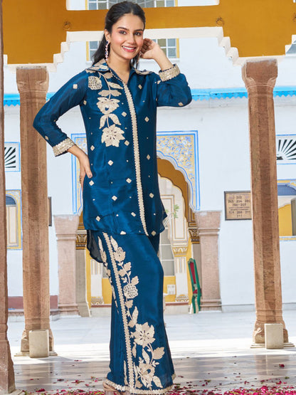 Embroidered Shirt Collar Neck Tunic With Palazzo Co-Ords