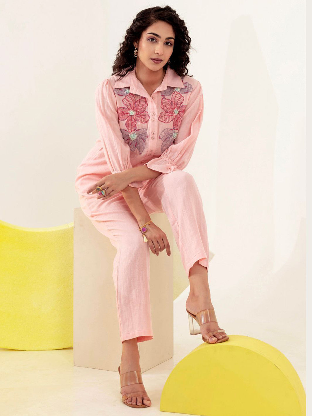 Embroidered Shirt Collar Pure Cotton Shirt With Trousers Co-Ords