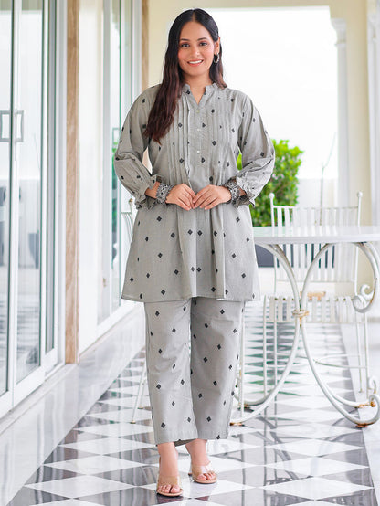 Grey Yarn Dyed Striped Cotton Kurta with Pants- Set of 2