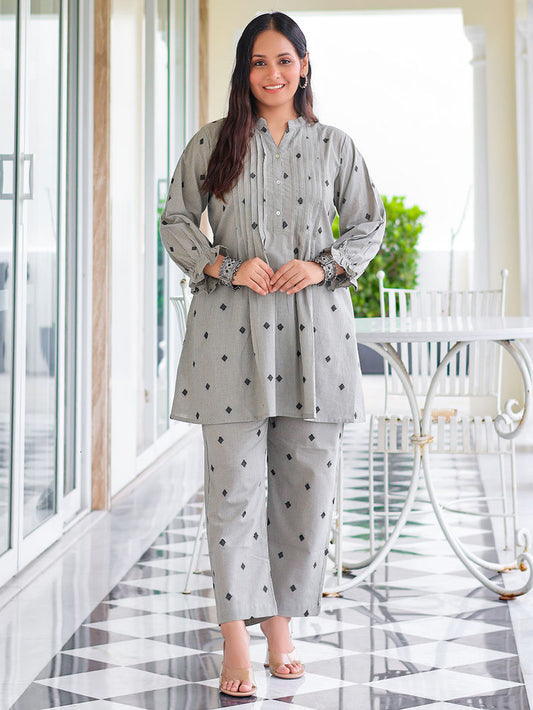 Grey Yarn Dyed Striped Cotton Kurta with Pants- Set of 2