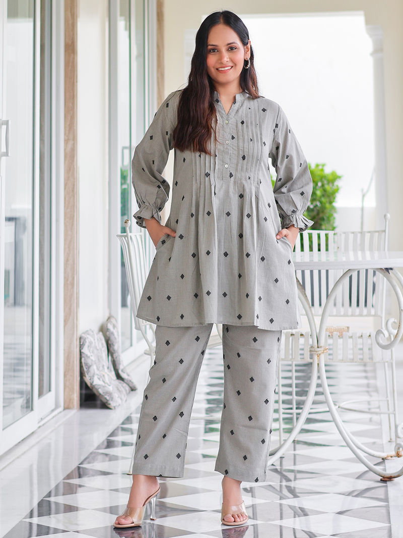 Grey Yarn Dyed Striped Cotton Kurta with Pants- Set of 2