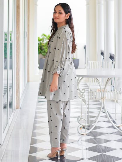 Grey Yarn Dyed Striped Cotton Kurta with Pants- Set of 2