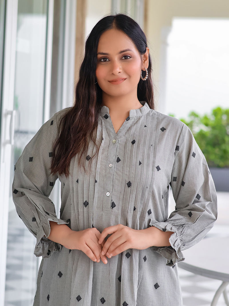Grey Yarn Dyed Striped Cotton Kurta with Pants- Set of 2