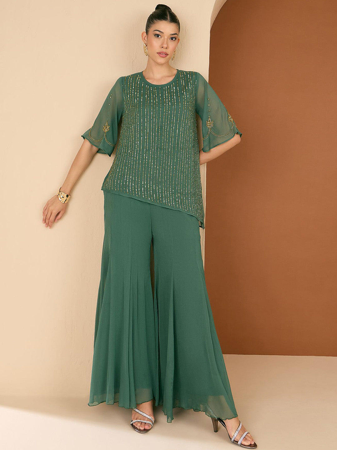 Embellished Round Neck Top & Palazzo Co-Ords