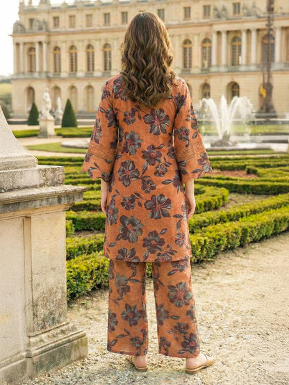 Rust Printed Cotton Kurta with Palazzo- Set of 2