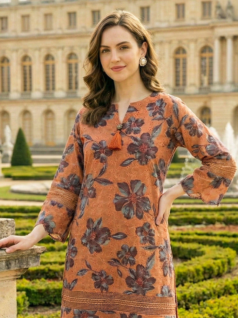 Rust Printed Cotton Kurta with Palazzo- Set of 2