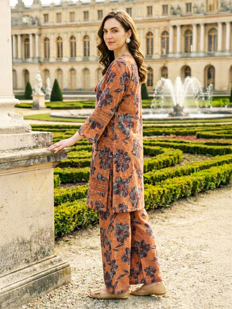 Rust Printed Cotton Kurta with Palazzo- Set of 2