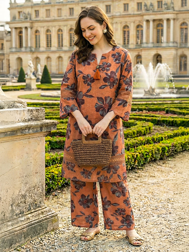 Rust Printed Cotton Kurta with Palazzo- Set of 2