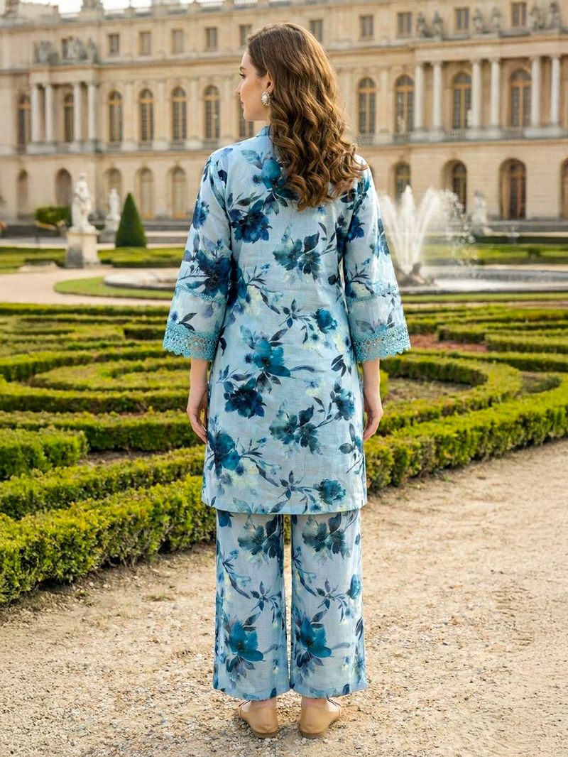 Powder Blue Printed Cotton Kurta with Palazzo- Set of 2