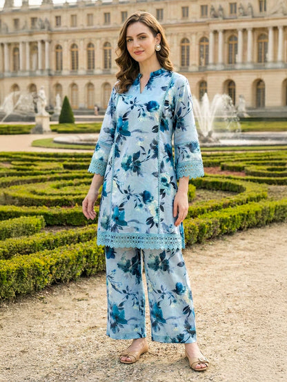 Powder Blue Printed Cotton Kurta with Palazzo- Set of 2