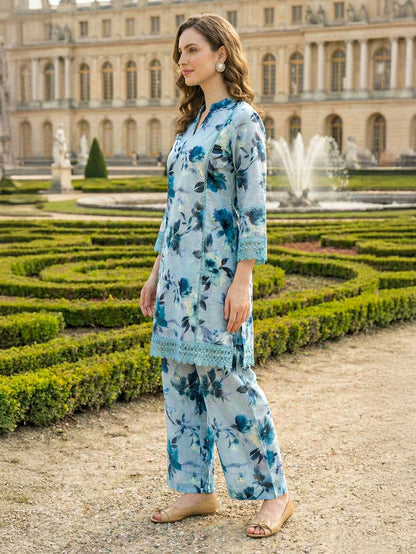 Powder Blue Printed Cotton Kurta with Palazzo- Set of 2