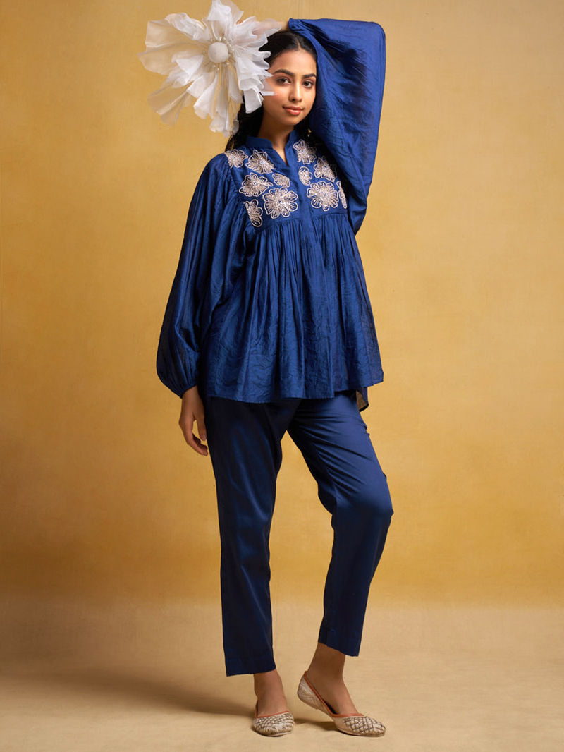 Blue Embroidered Chanderi Co-ord Set - Set of 2