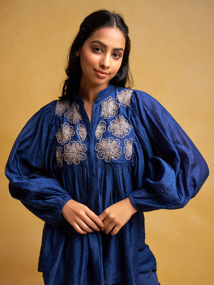 Blue Embroidered Chanderi Co-ord Set - Set of 2