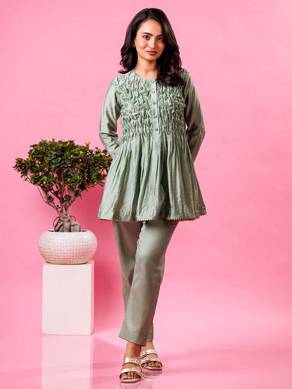Sage Green Pintuck Chanderi Co-ord Set - Set of 2