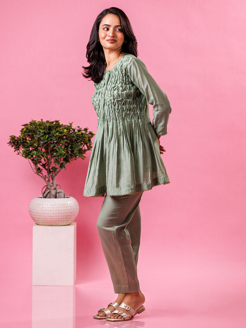 Sage Green Pintuck Chanderi Co-ord Set - Set of 2