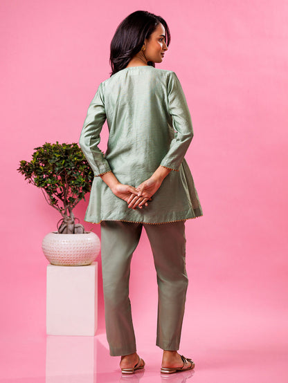 Sage Green Pintuck Chanderi Co-ord Set - Set of 2