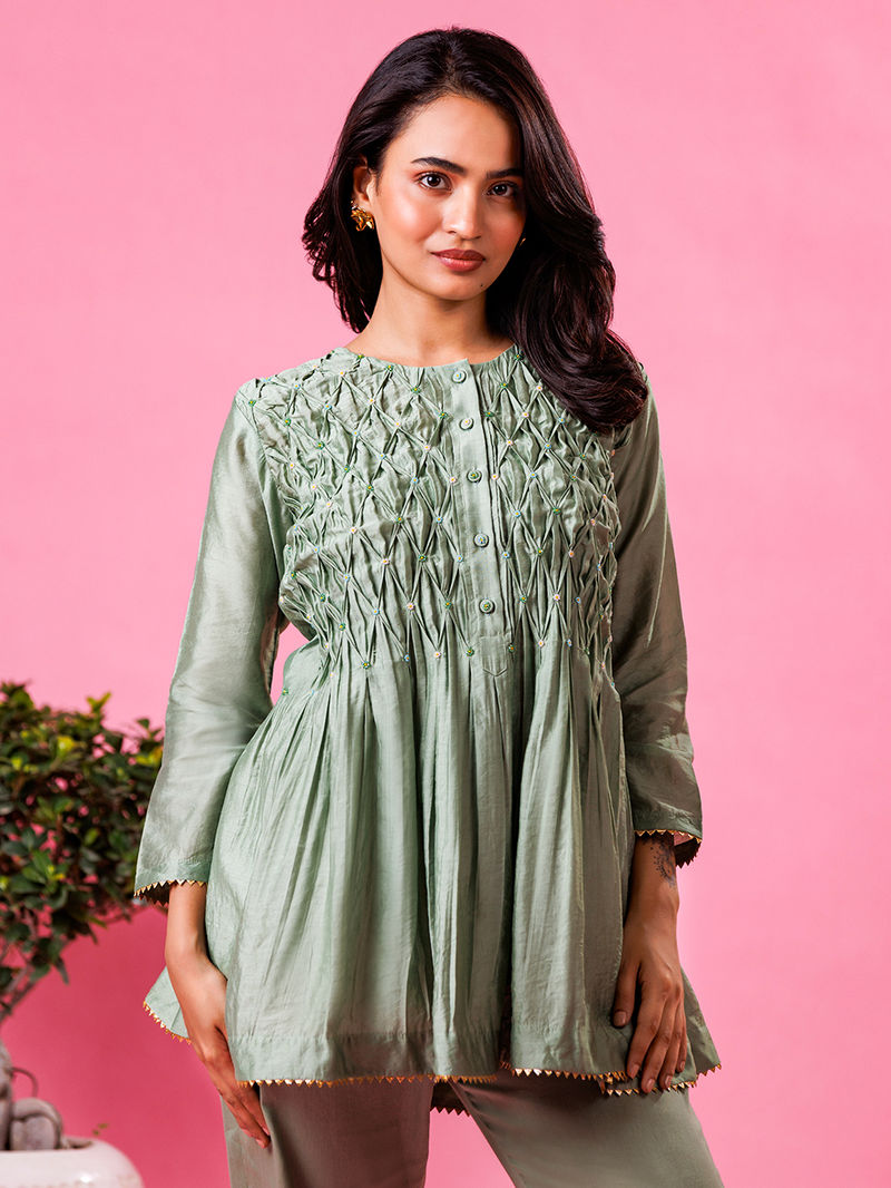 Sage Green Pintuck Chanderi Co-ord Set - Set of 2