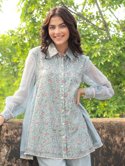 Blue Hand Block Printed Chanderi Co-ord Set- Set of 2