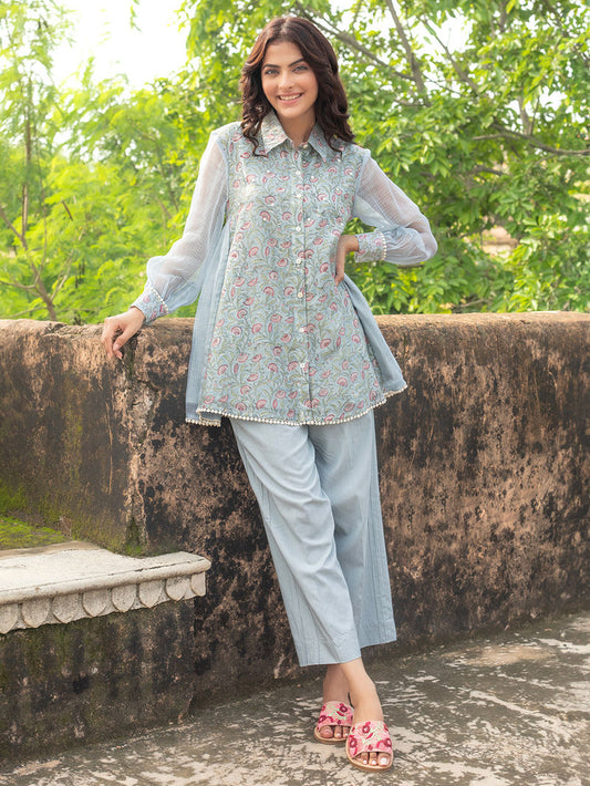 Blue Hand Block Printed Chanderi Co-ord Set- Set of 2