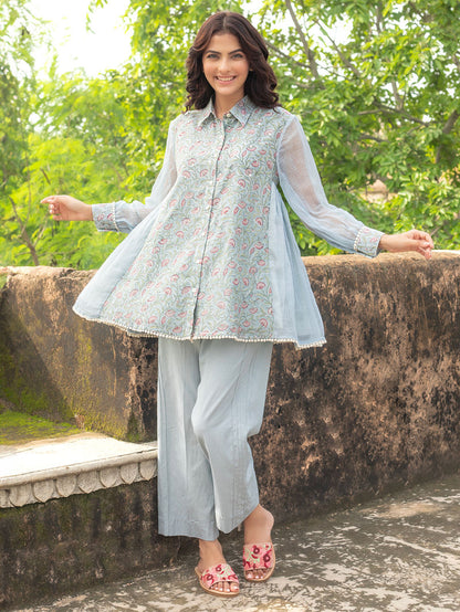 Blue Hand Block Printed Chanderi Co-ord Set- Set of 2