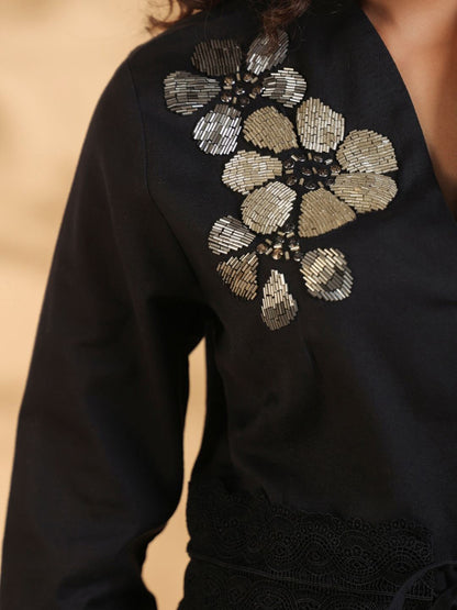 Women Black Beaded Flower Motif Co-Ords