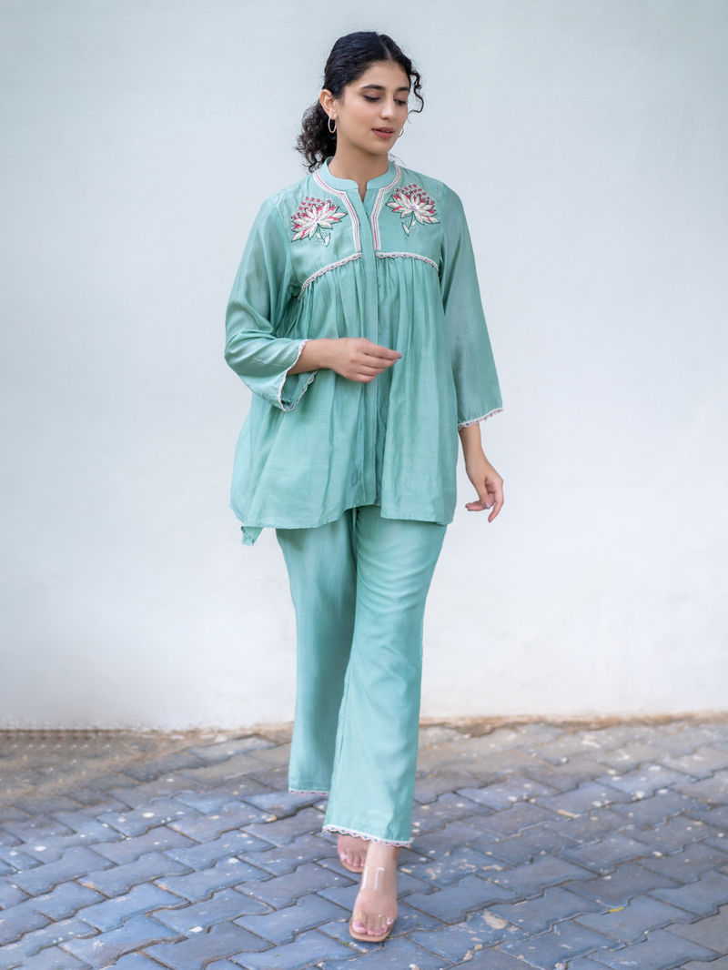 Aqua Blue Embroidered Chanderi Silk Co-ord Set - Set of 2