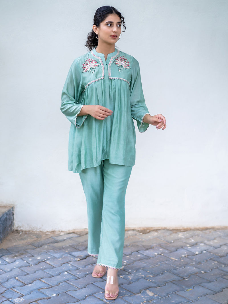 Aqua Blue Embroidered Chanderi Silk Co-ord Set - Set of 2