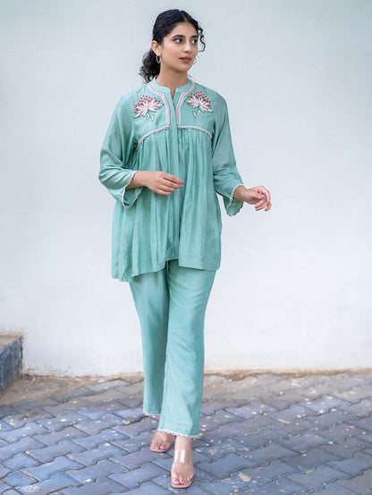Aqua Blue Embroidered Chanderi Silk Co-ord Set - Set of 2