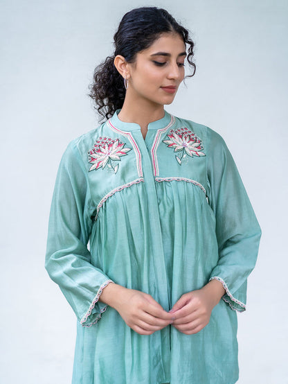 Aqua Blue Embroidered Chanderi Silk Co-ord Set - Set of 2