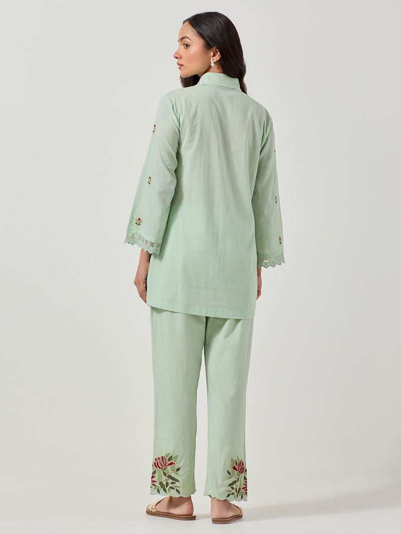 Green Embroidered Cotton Co-ord Set - Set of 2
