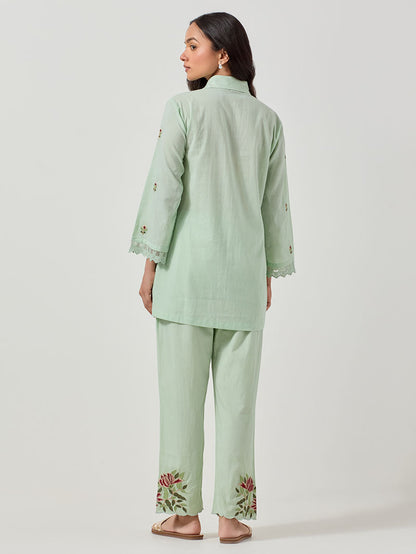 Green Embroidered Cotton Co-ord Set - Set of 2