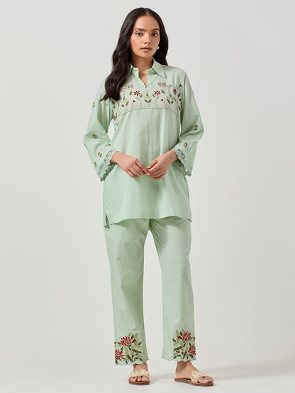 Green Embroidered Cotton Co-ord Set - Set of 2