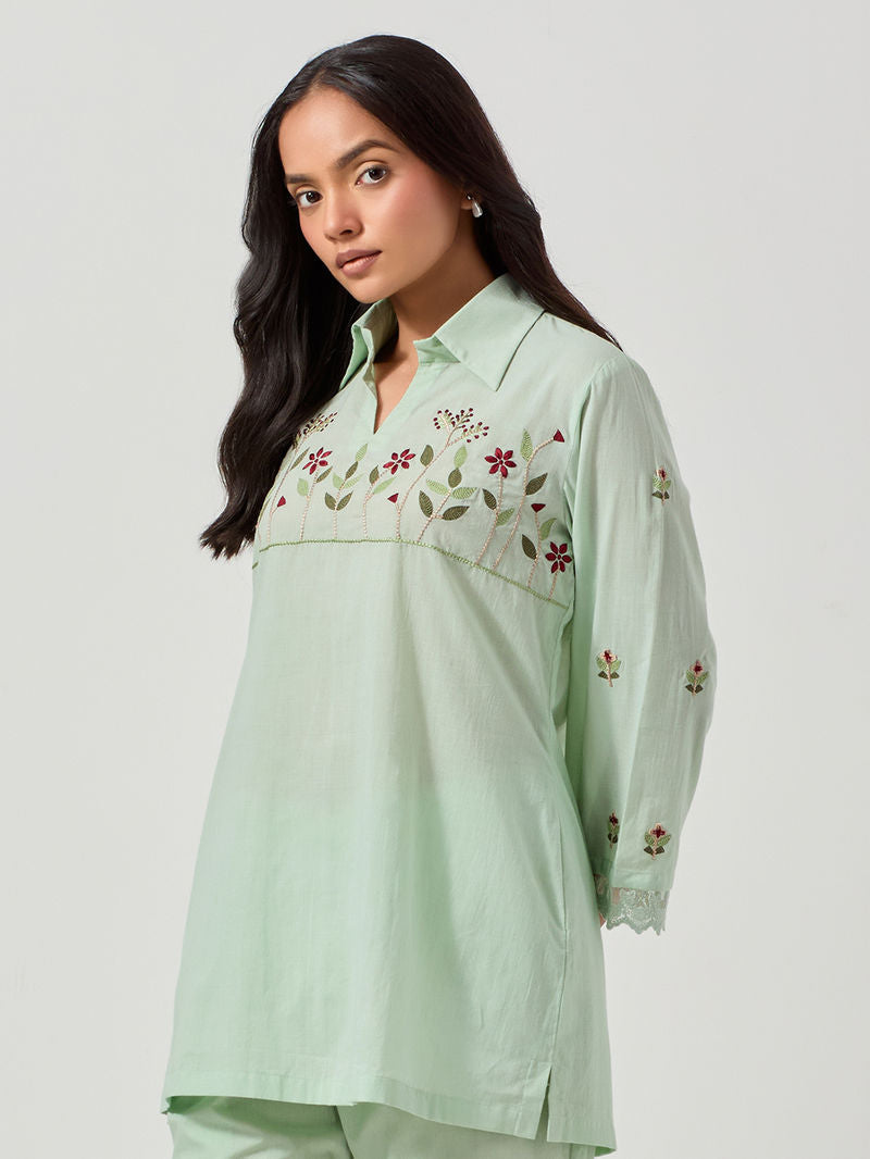 Green Embroidered Cotton Co-ord Set - Set of 2