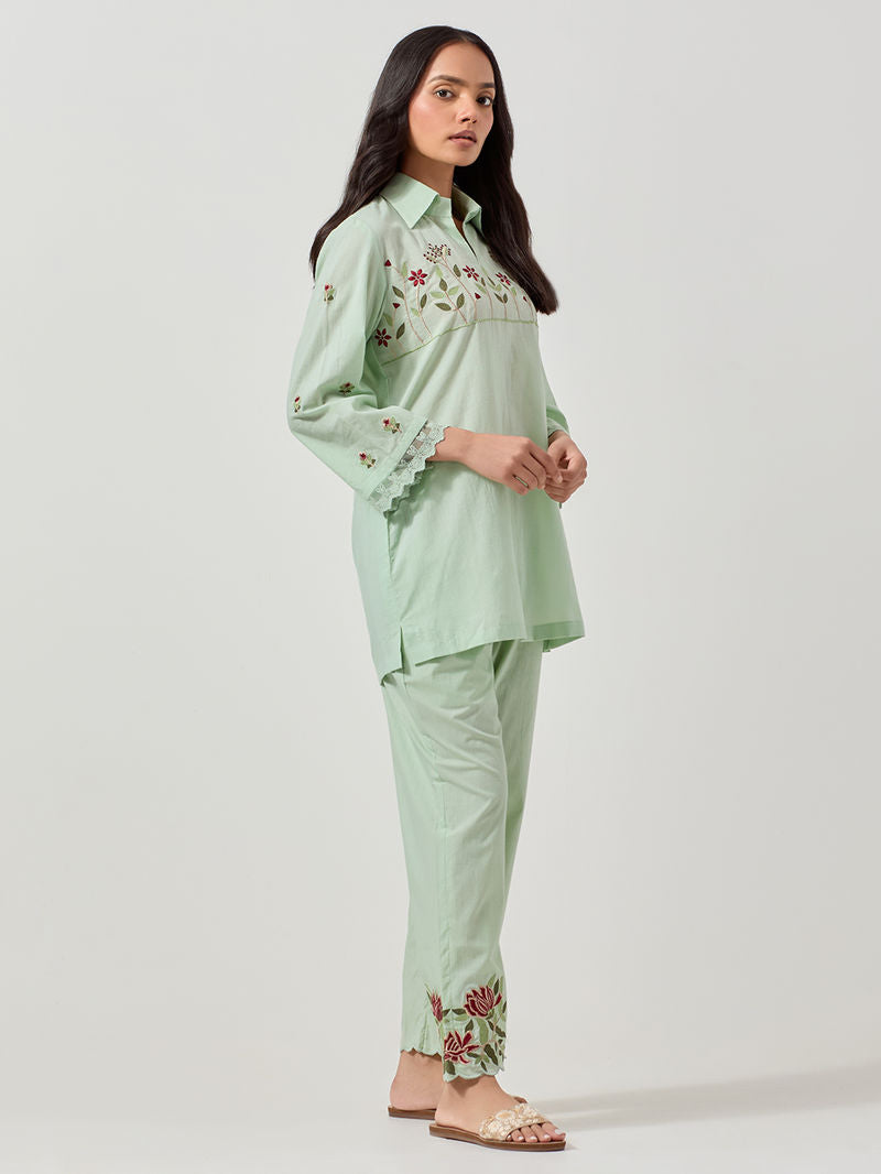 Green Embroidered Cotton Co-ord Set - Set of 2