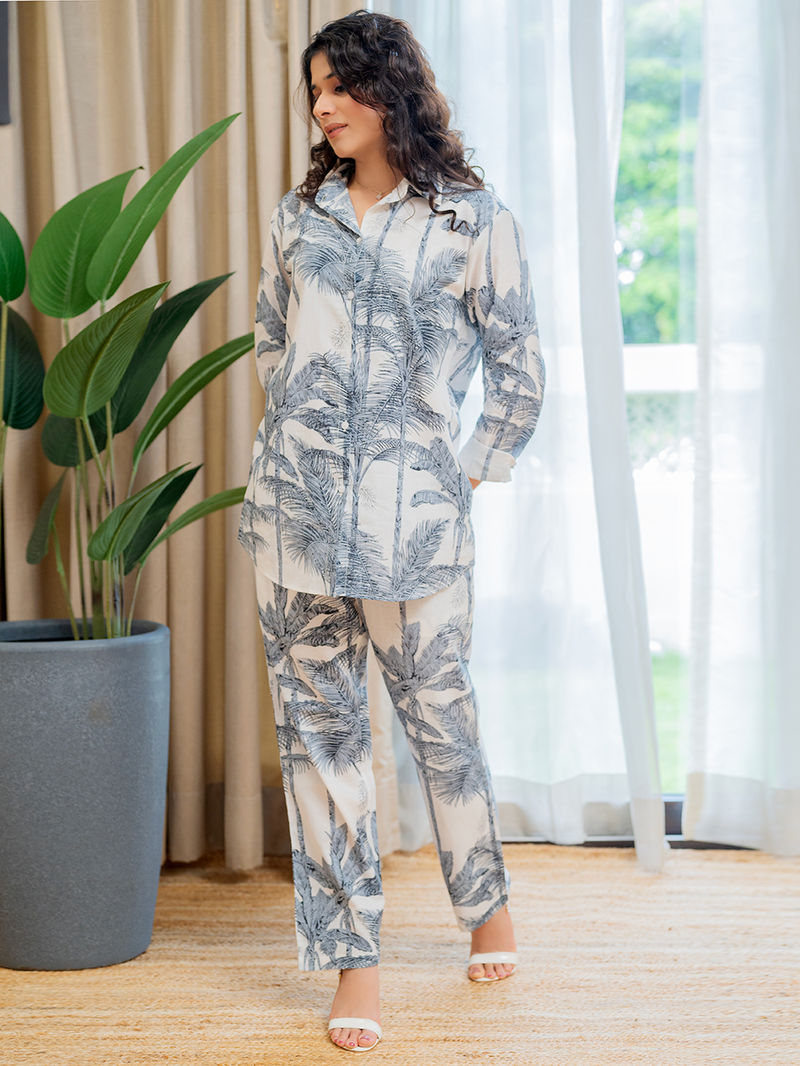 White Grey Printed Cotton Co-ord Set - Set of 2