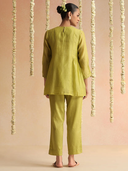 Lime Green Embroidered Chanderi Co-ord Set - Set of 2