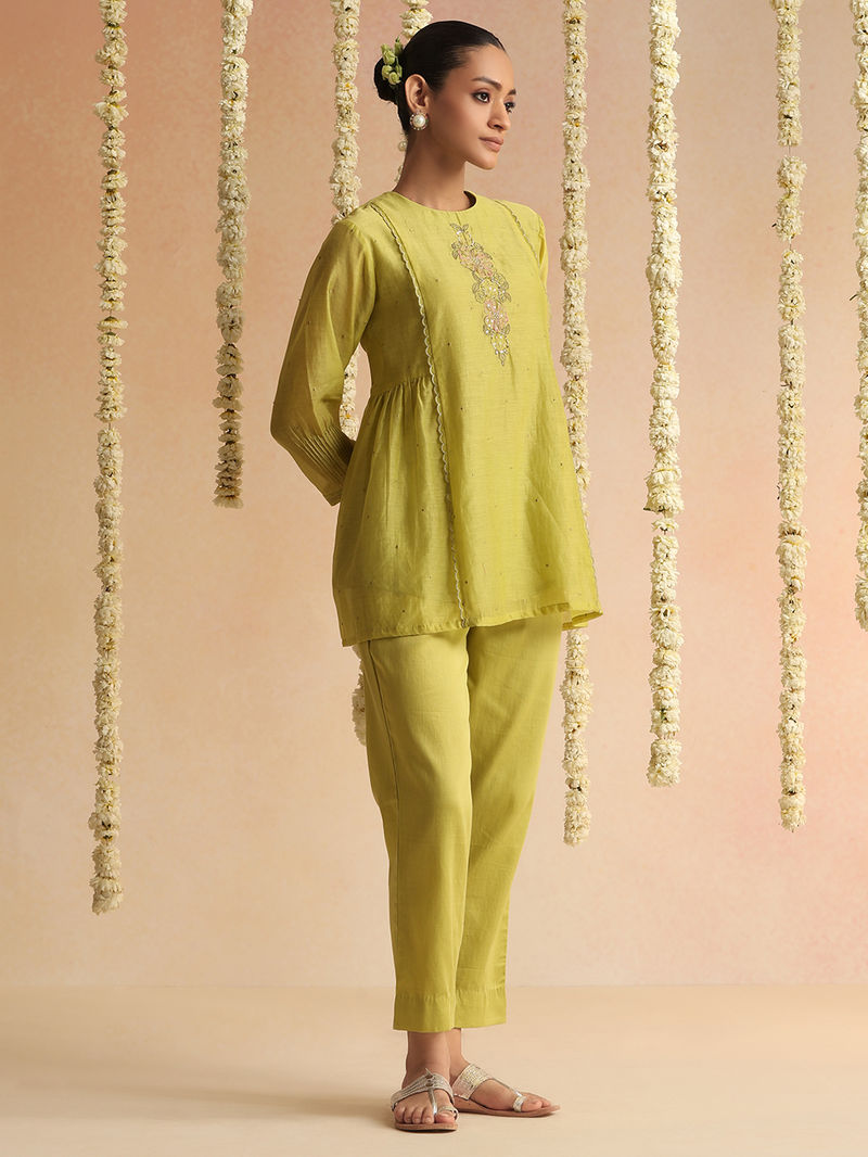 Lime Green Embroidered Chanderi Co-ord Set - Set of 2