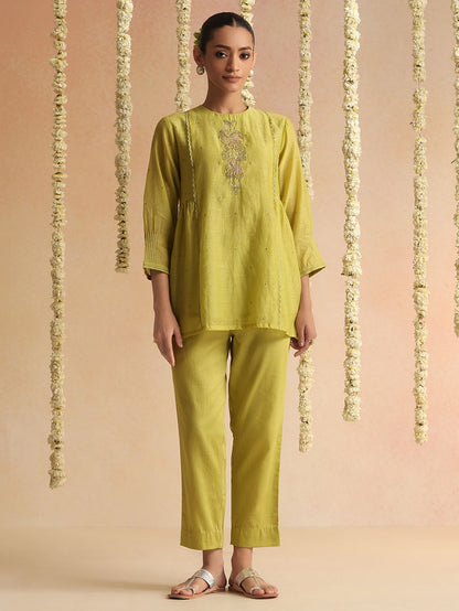 Lime Green Embroidered Chanderi Co-ord Set - Set of 2