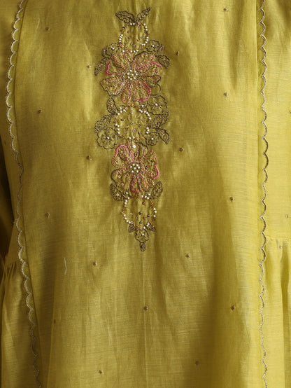 Lime Green Embroidered Chanderi Co-ord Set - Set of 2