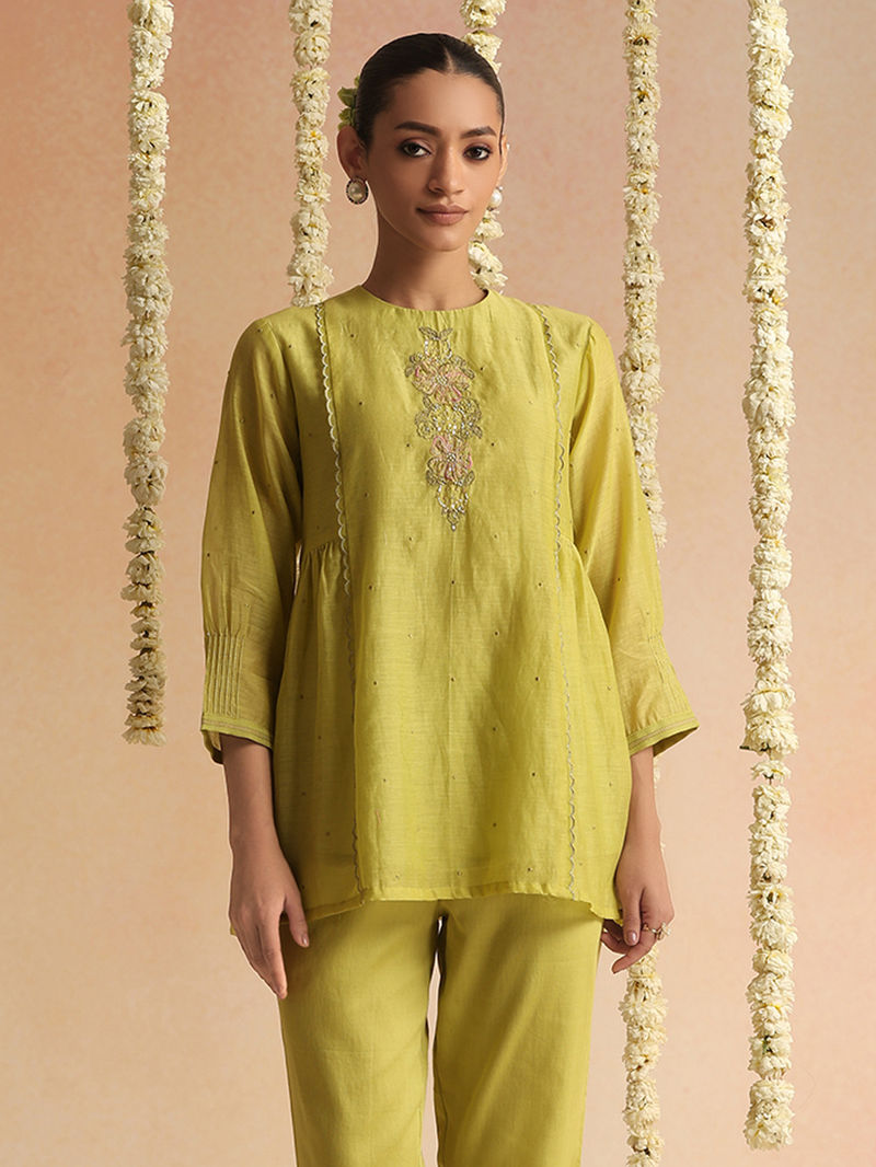 Lime Green Embroidered Chanderi Co-ord Set - Set of 2