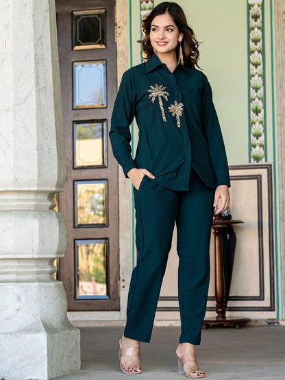 Embroidered Shirt Collar Neck Shirt With Trousers Co-Ords