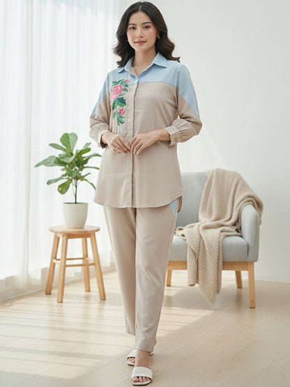 Romantic Florals Embroidered Shirt with Trousers