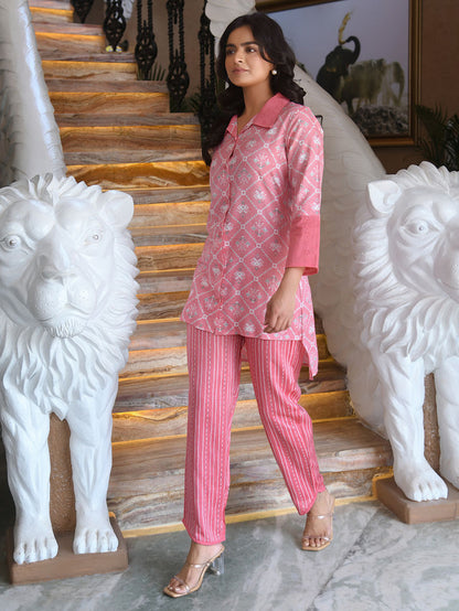Pink Printed Muslin Kota Co-ord Set - Set of 2