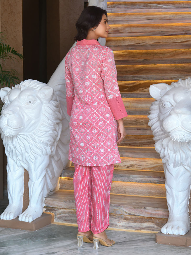 Pink Printed Muslin Kota Co-ord Set - Set of 2